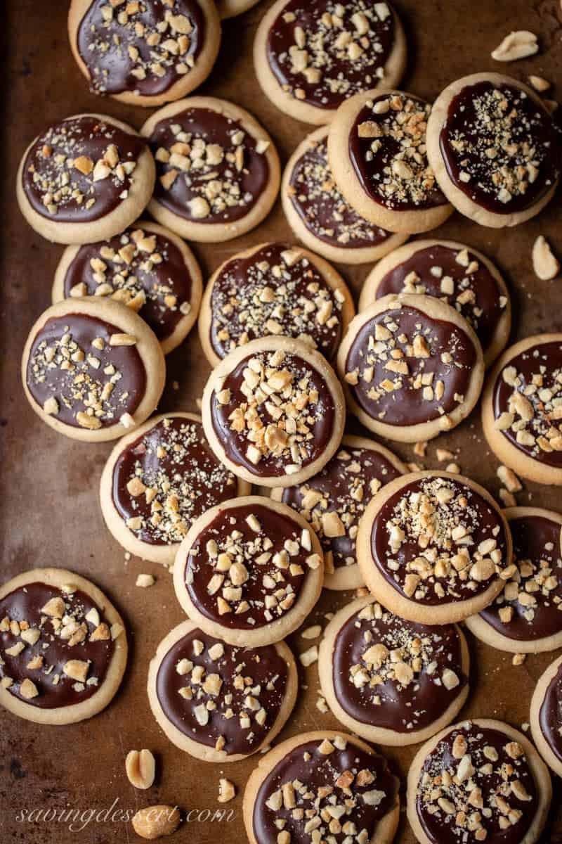 peanut butter chocolate meltaway cookies on a baking pan