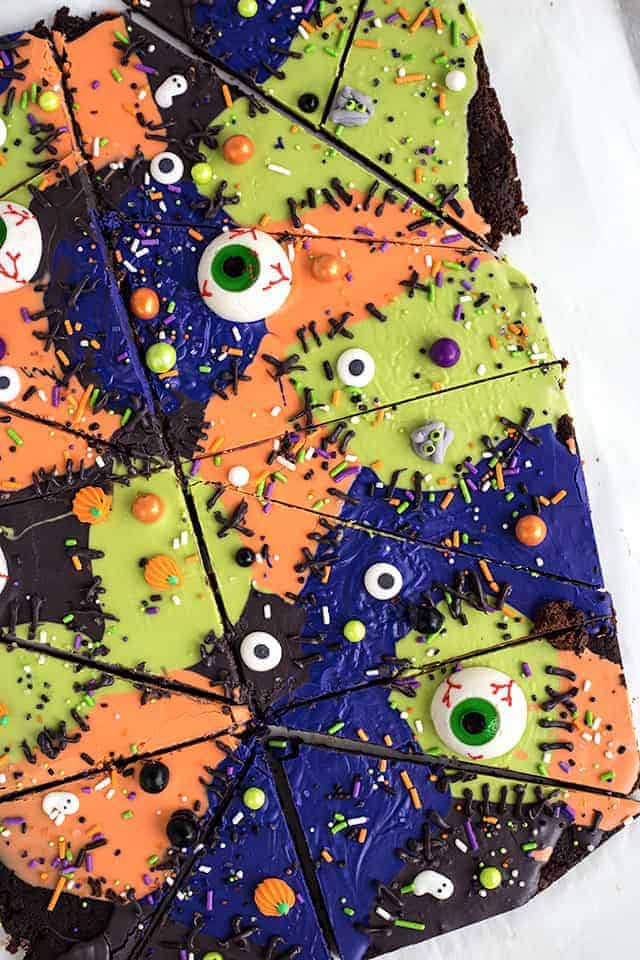 Monster Mashup brownie bark cut into triangles