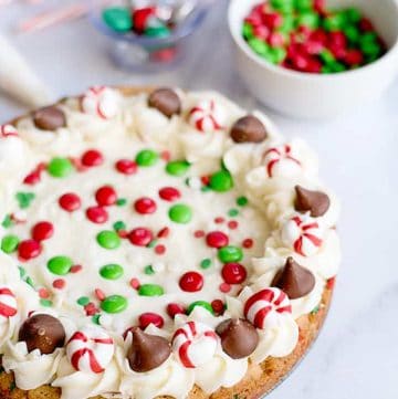 finished sugar cookie cake with candies around it