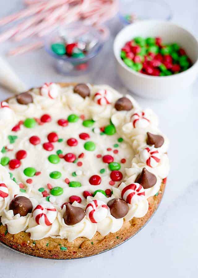 finished sugar cookie cake with candies around it