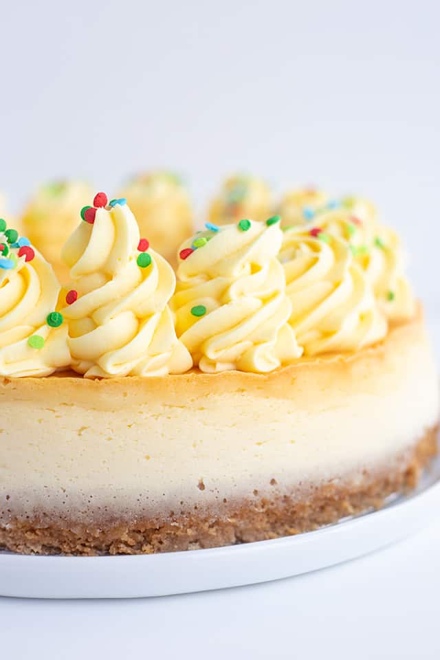 Sugar Cookie Cheesecake - This sugar cookie cheesecake is the perfect Christmas dessert. It has a sugar cookie crust, a cheesecake filled with sugar cookie mix and a sugar cookie coffee creamer, and a whipped cream frosting made with pudding. #sugarcookie #cheesecake #christmas #christmasdessert #sugarcookies #whippedcream #frosting