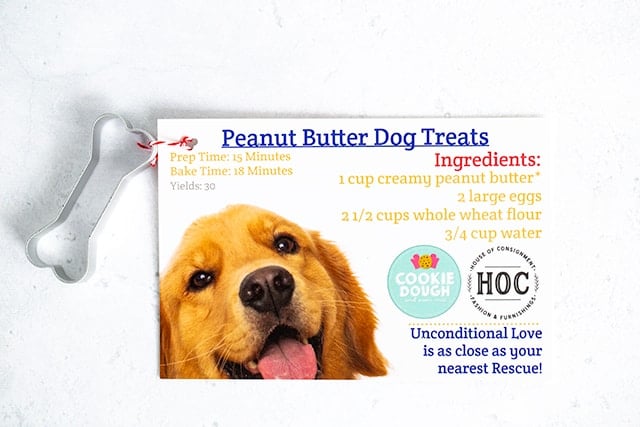 Homemade Peanut Butter Dog Treats - These easy Homemade Peanut Butter Dog Treats will make your peanut butter loving dogs go crazy! They're not only filled with peanut butter, but they have a cute peanut butter coconut oil drizzle on them. They can be frozen to last longer and to keep the peanut butter drizzle firm. #peanutbutterdogtreats #homemadedogtreats #dogtreats #cookiedoughandovenmitt #doglovers promo recipe card graphic
