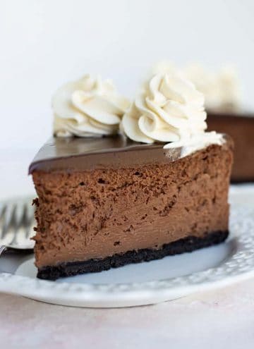slice of baileys chocolate cheesecake with fork on white plate