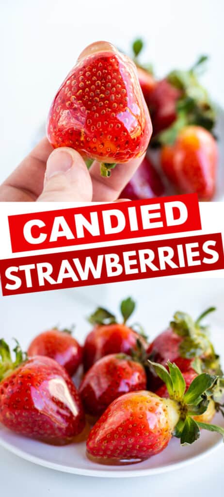 A person is holding a plate of candied strawberries.