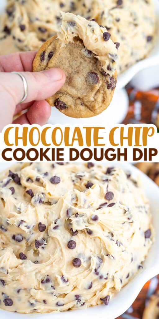 collage of two photos for cookie dough dip with text in the middle