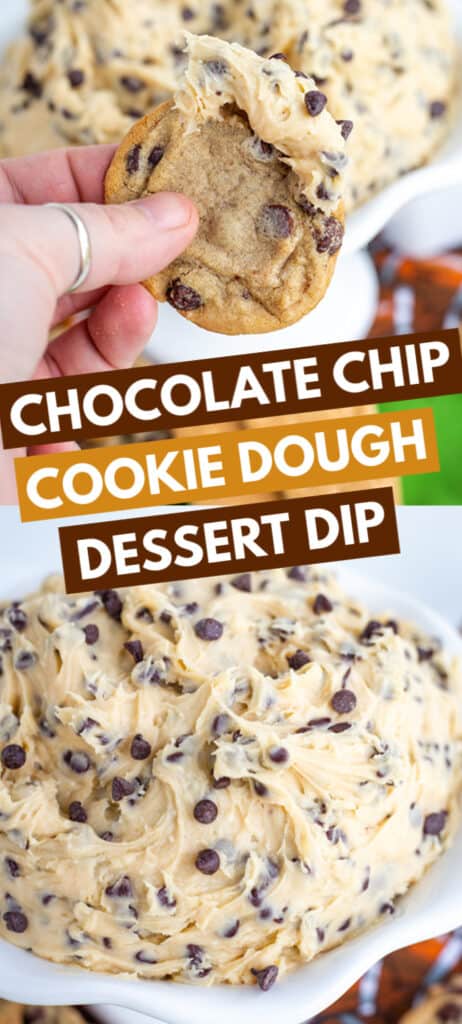 collage of chocolate chip cookie dough dip in a bowl and on a chocolate chip cookie with text in the center