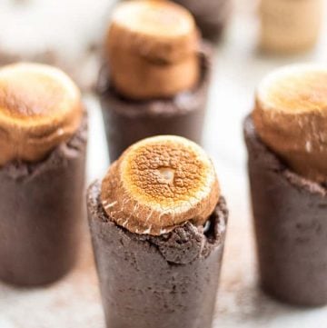 marshmallow topped dessert shooter on a cocoa dusted white plate