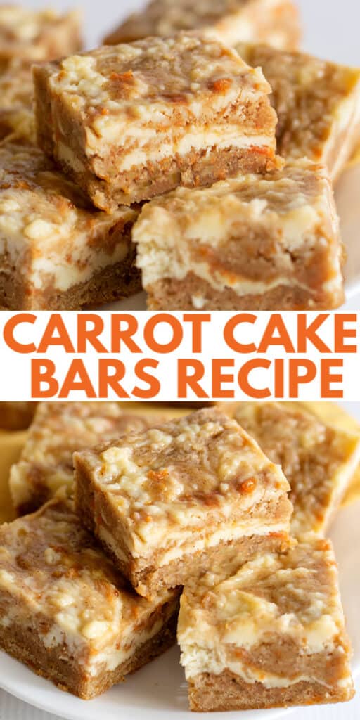 Carrot cake bars recipe presented on a white plate.