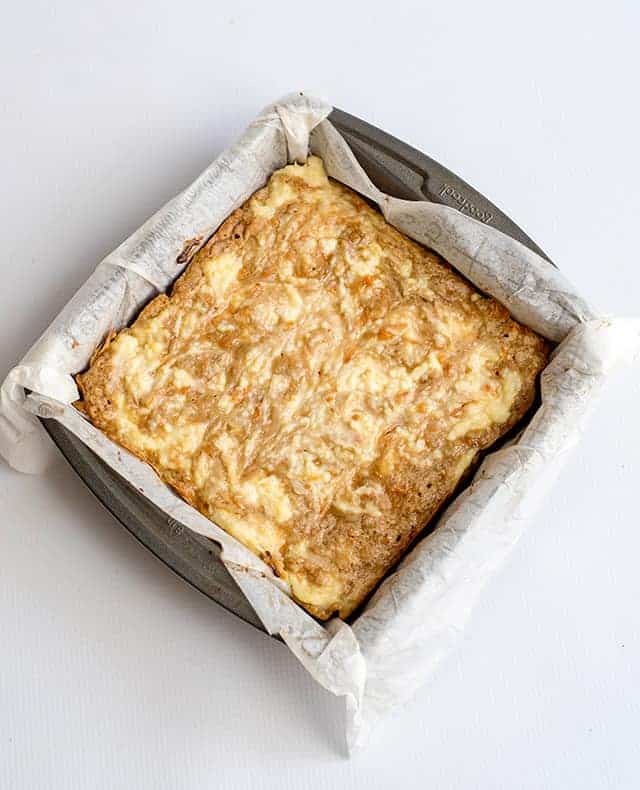 carrot cake bars in a baking pan