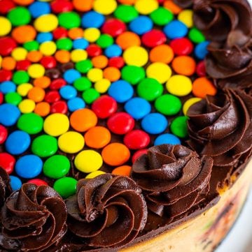 close up of ganache swirls on cheesecake