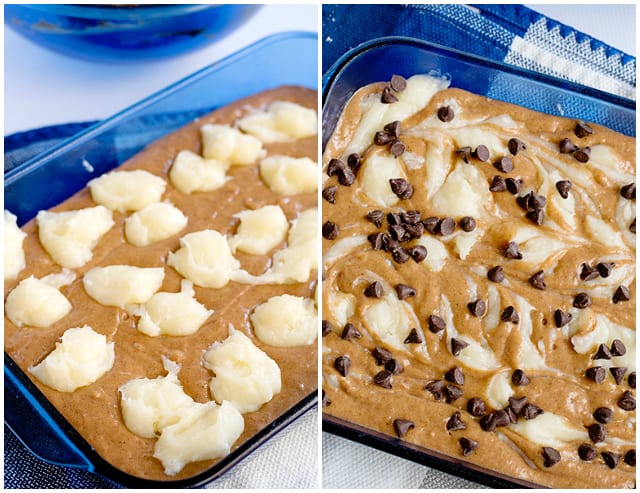 pumpkin spice batter and cream cheese filling in the prepared pan