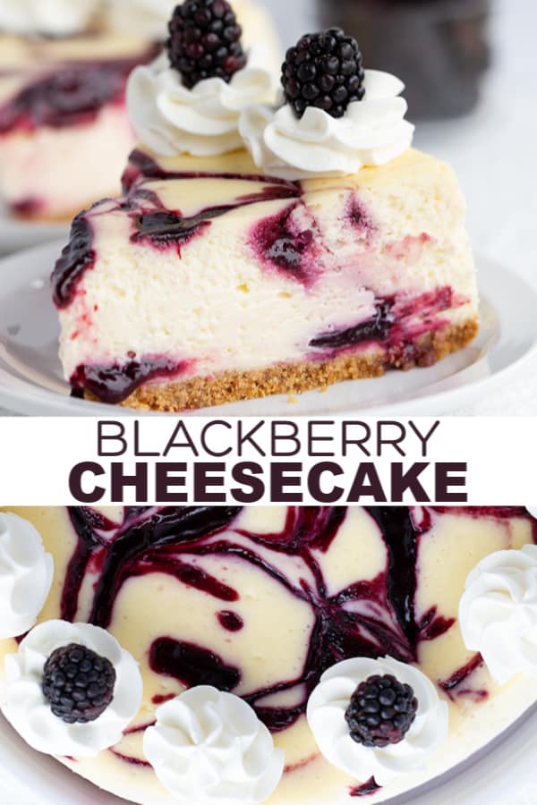 Delicious blackberry cheesecake garnished with whipped cream and fresh blackberries.