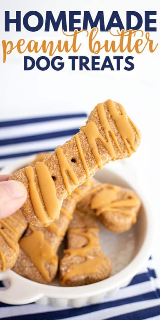 pinterest image of pb dog treats with a dish of treats behind it