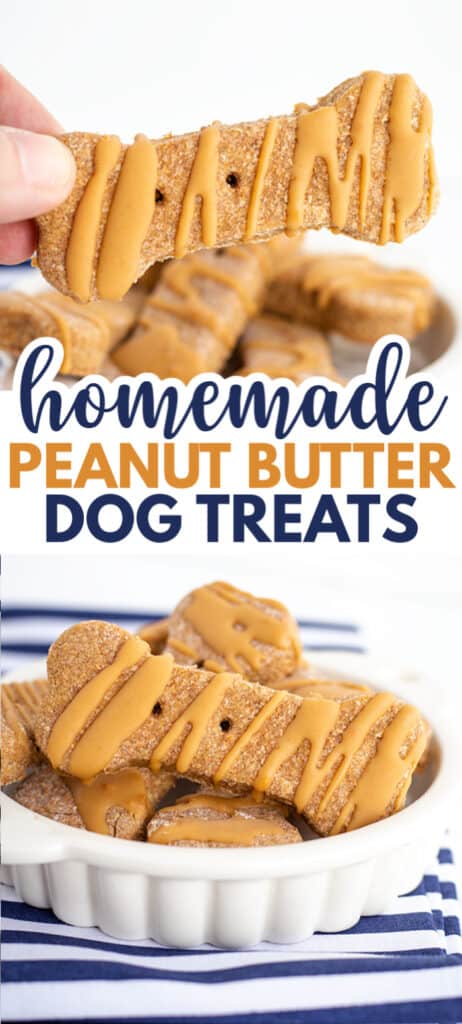 collage of dog treats in a white dish with a blue striped fabric with text in the middle