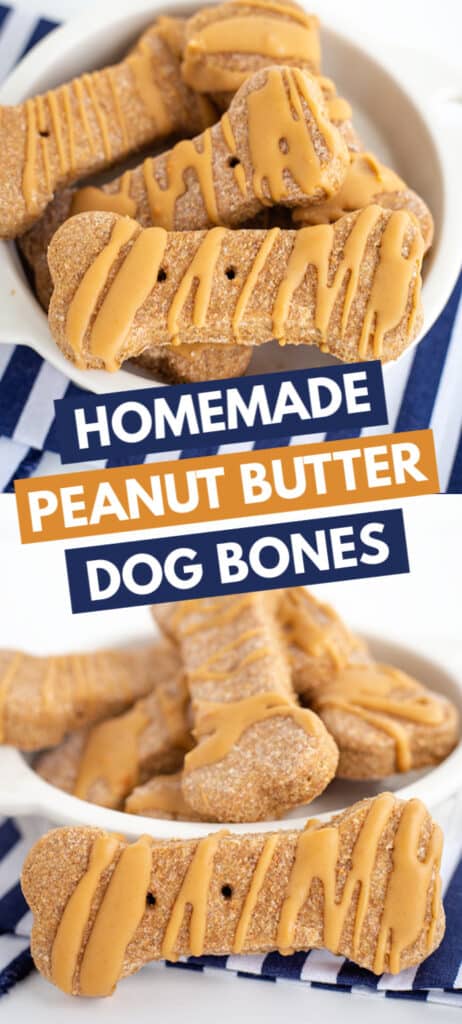 collage of photos showing the peanut butter dog treats with recipe in block text