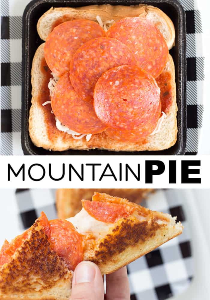 A person is holding a grilled pepperoni sandwich with the text mountain pie.