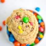 overhead photo of monster cookies sitting on M&M's