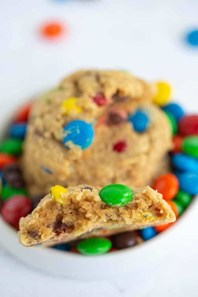 Monster cookie broke in half with M&M's