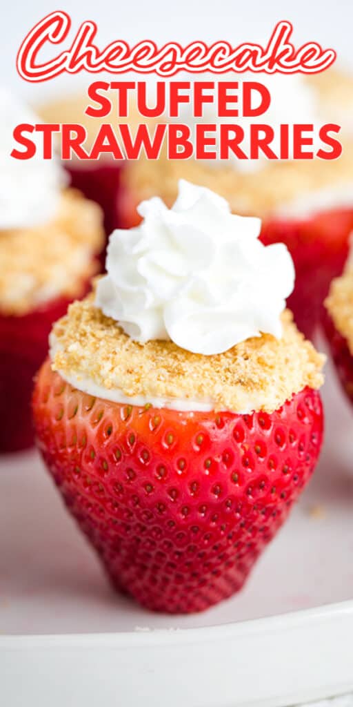 Cheesecake-stuffed strawberries on a plate.