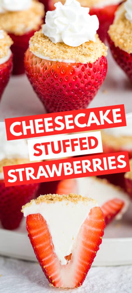Cheesecake-stuffed strawberries on a plate.