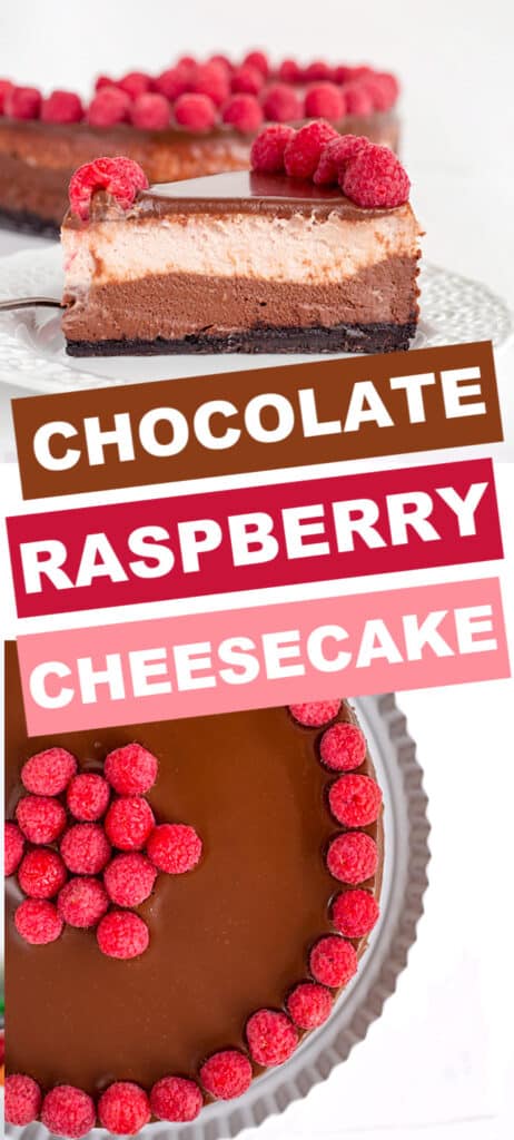 Decadent dessert featuring rich chocolate and tangy raspberry flavors layered in a creamy cheesecake.