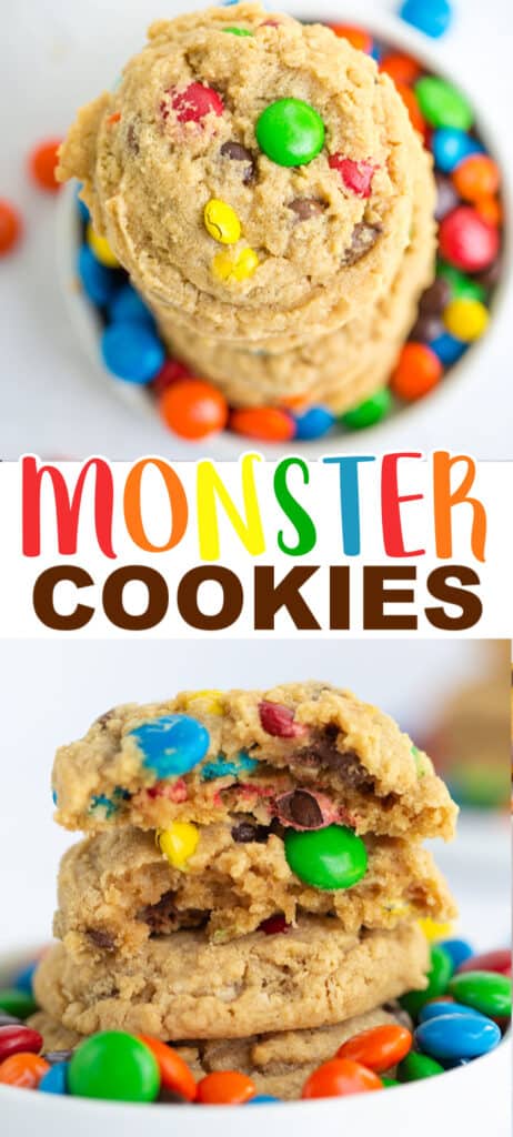 A stack of monster cookies with colorful m & m's on top.