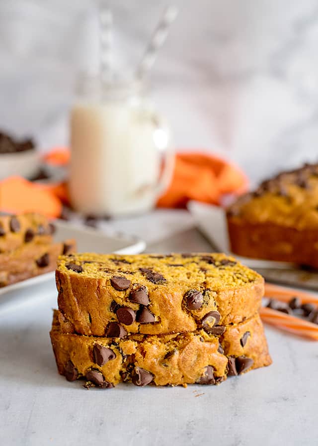 stacked slices of pumpkin chocolate chip bread