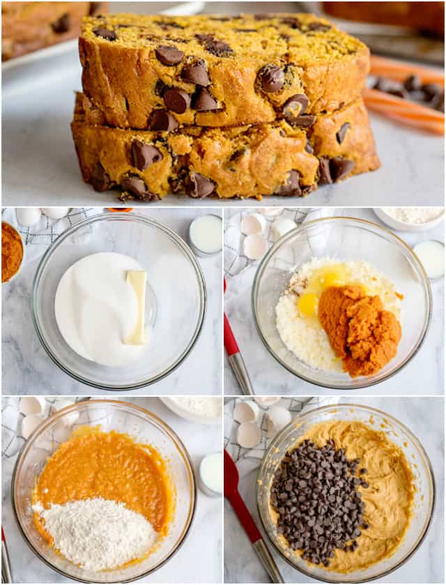 In process collage of how to make pumpkin chocolate chip bread