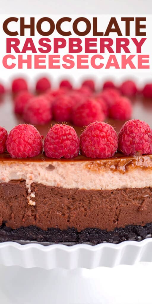 Delicious chocolate raspberry cheesecake served on a white plate.