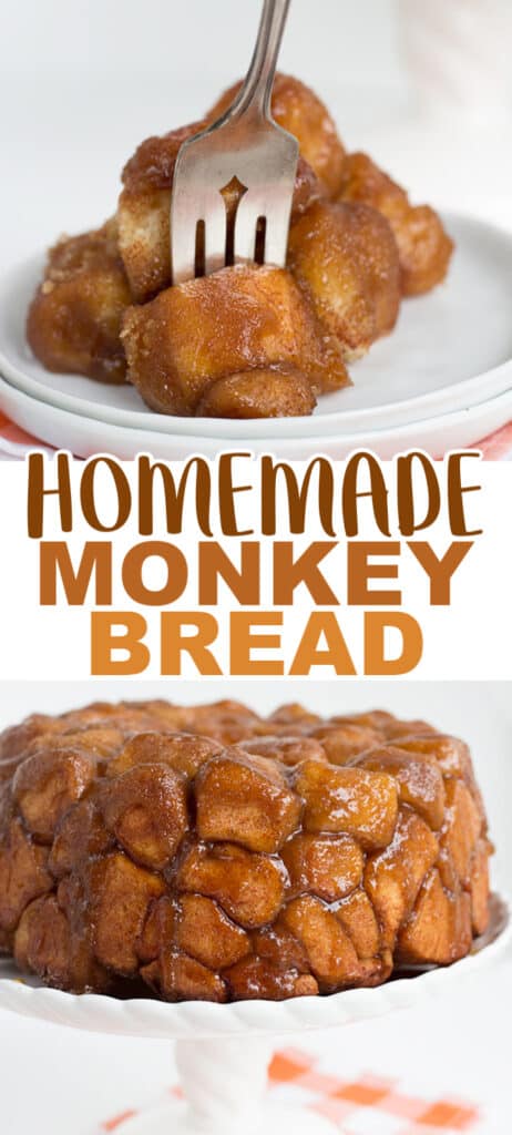 Monkey bread made from scratch on a plate with a fork.