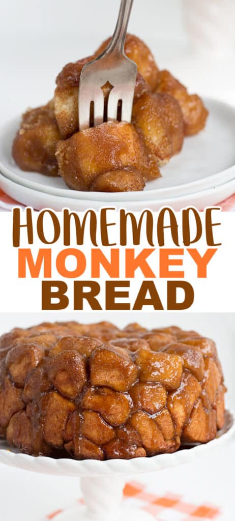 Homemade monkey bread bursting with gooey deliciousness, served on a plate with a fork.
