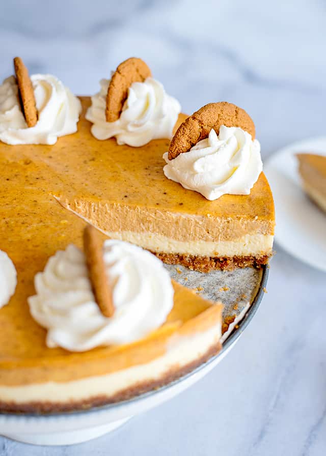 slice missing from double layer pumpkin cheesecake