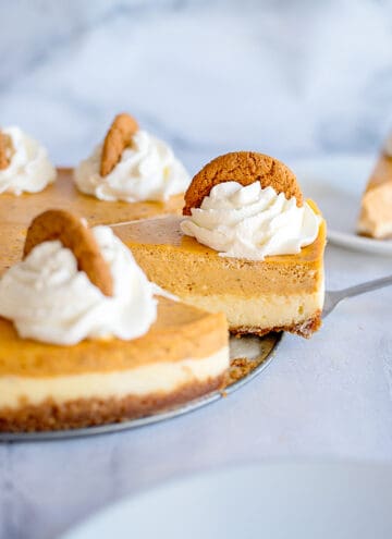 serving a slice of double layer pumpkin cheesecake