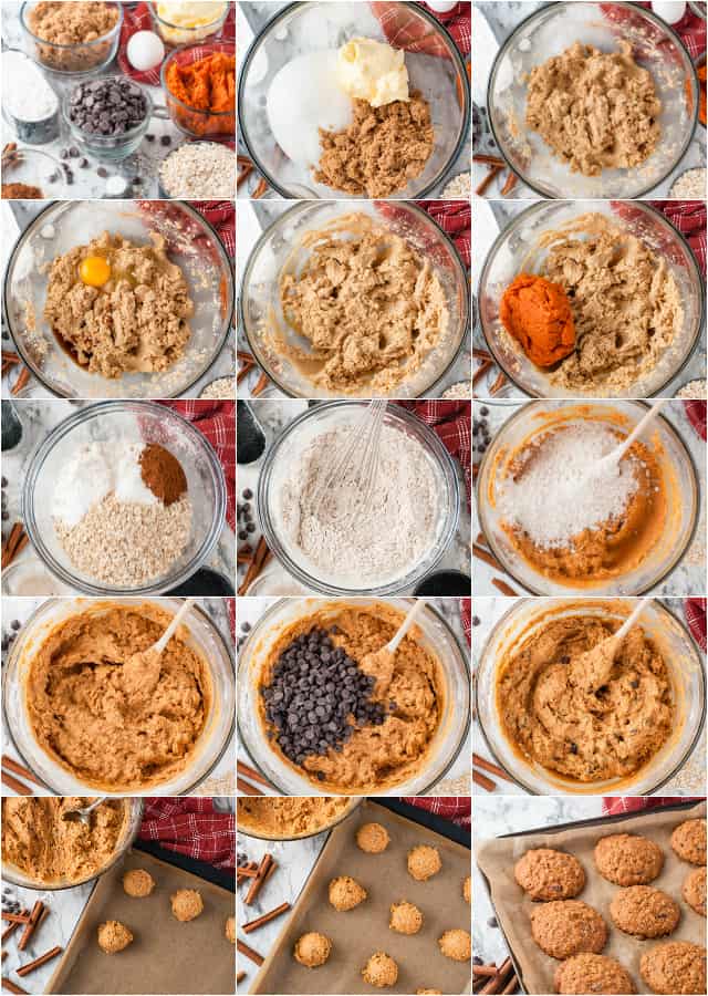 collage of photos on how to make pumpkin oatmeal chocolate chip cookies