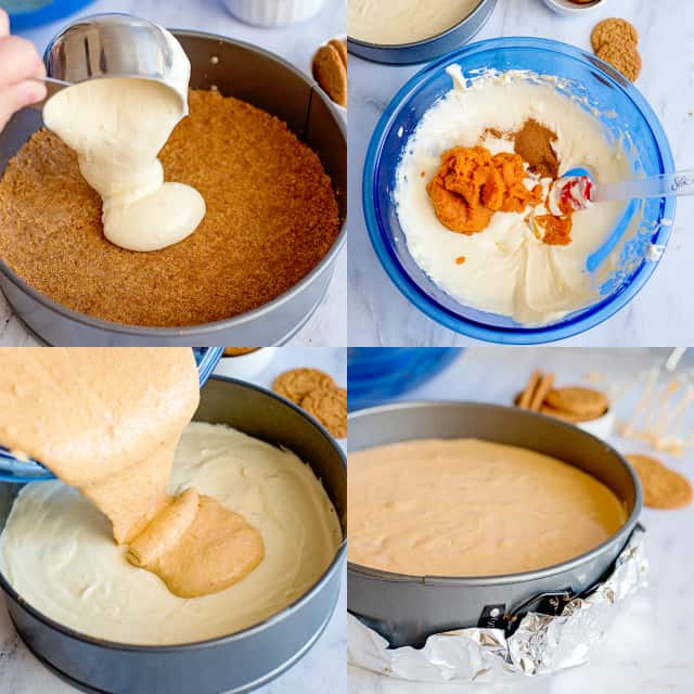 Collage of in process photos to making double layer pumpkin cheesecake