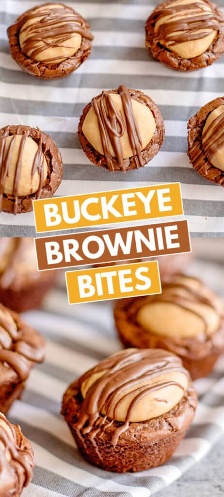 collage for pinterest showing brownie bites overhead and on the side with recipe name in boxed text