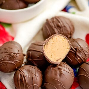 peanut butter balls on a red, white, and blue linen
