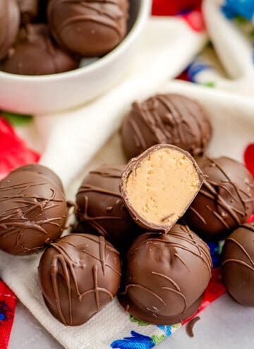 peanut butter balls on a red, white, and blue linen