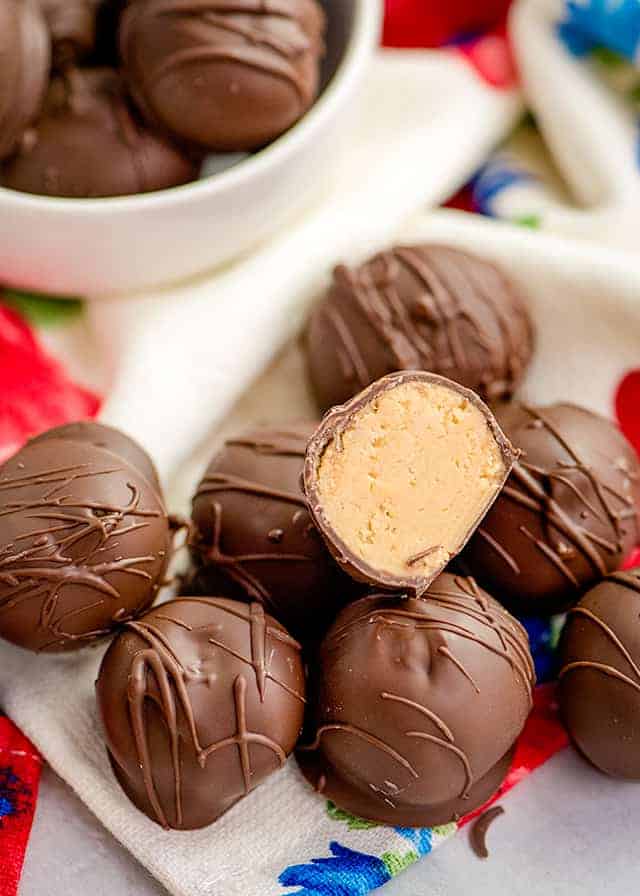 peanut butter balls on a red, white, and blue linen