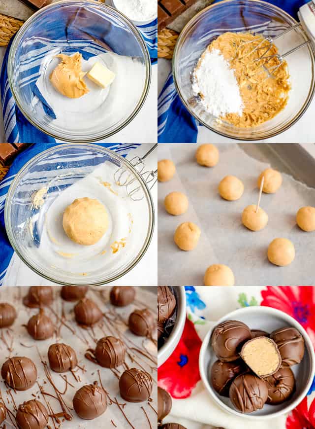 collage of step-by-step photos of creating peanut butter ball recipe