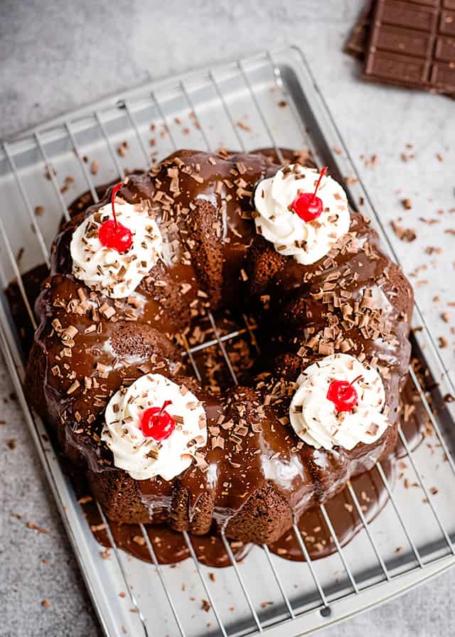 overhead black forest bundt cake on a wire rack