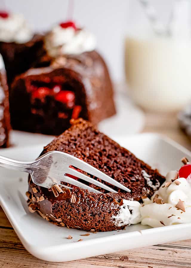 taking a bite out of choc cherry bundt cake