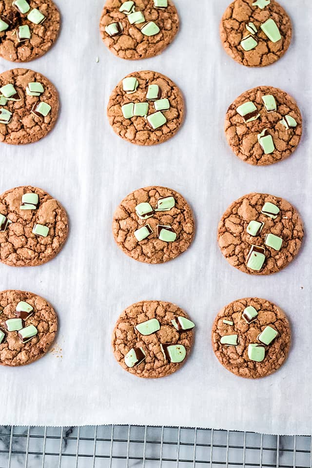 Chocolate Mint Cookies on a piece of parchment paper