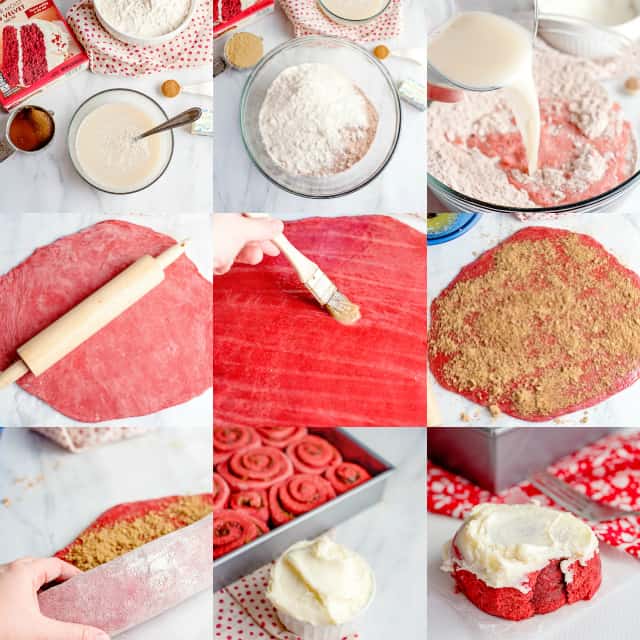 collage of photos to show how to make cinnamon rolls with cake mix