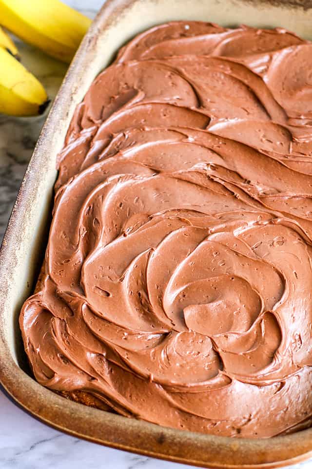 pan of chocolate frosted banana cake