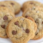 close up of chocolate chip cookies on platter