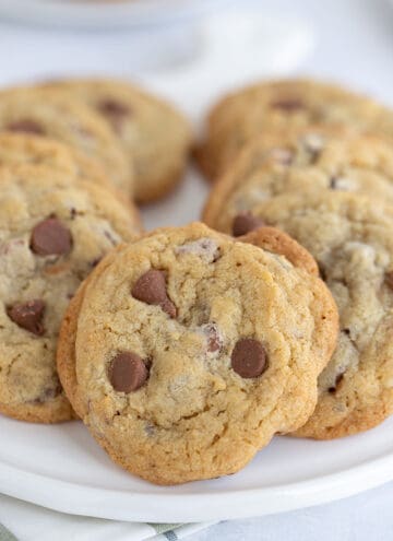 close up of chocolate chip cookies on platter