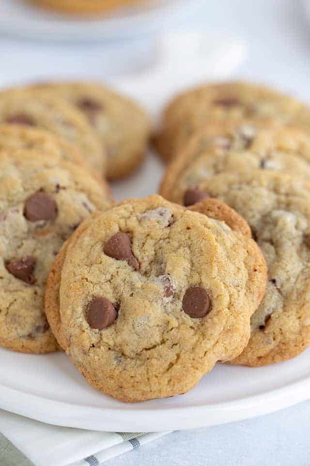 close up of chocolate chip cookies on platter