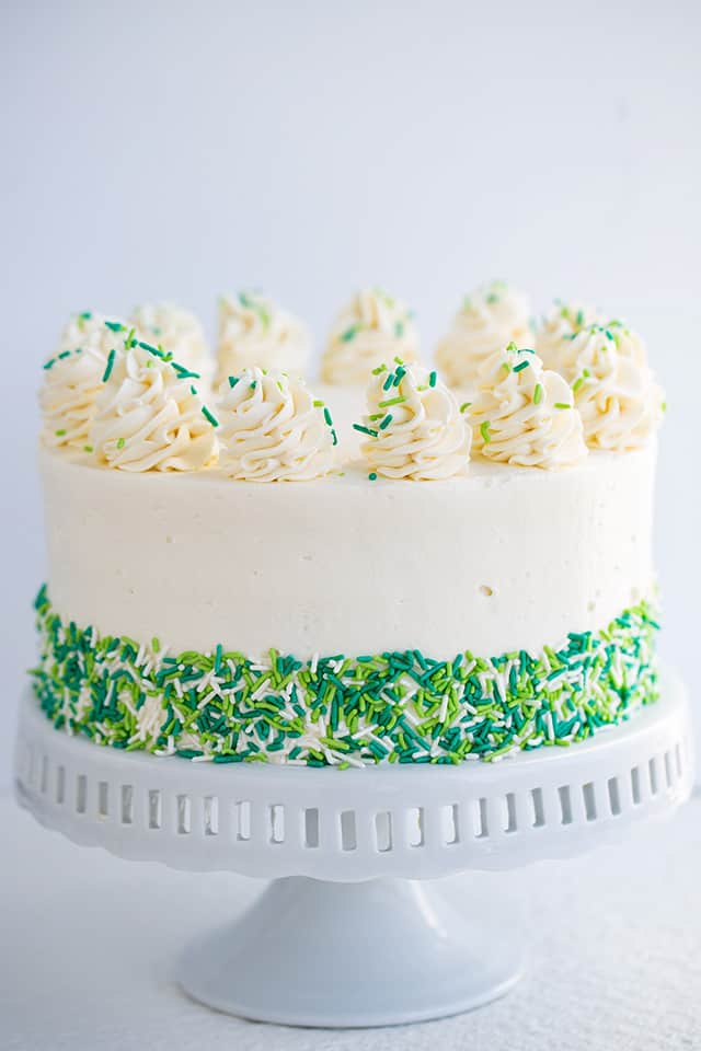 Chocolate Guinness and Baileys Cheesecake Cake on a white cake stand with a white background