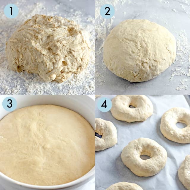 collage of making the bagel dough